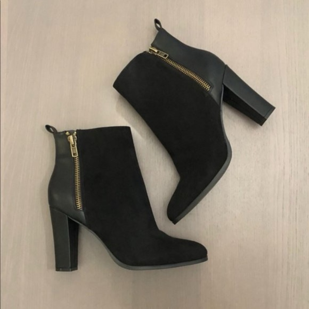 Dauphine Block Heel Bootie Black Heeled Boots with Gold Zipper